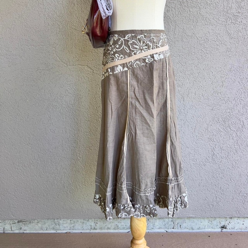 Vintage Y2K Brown Surf Style Midi Skirt With Asymmetrical Floral Pattern